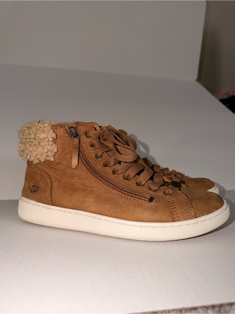 UGG Chestnut Suede Shearling-Trim Lace-Up Ankle Sneakers